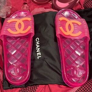 CHANEL Vibrant Pink Slides with Orange Logo